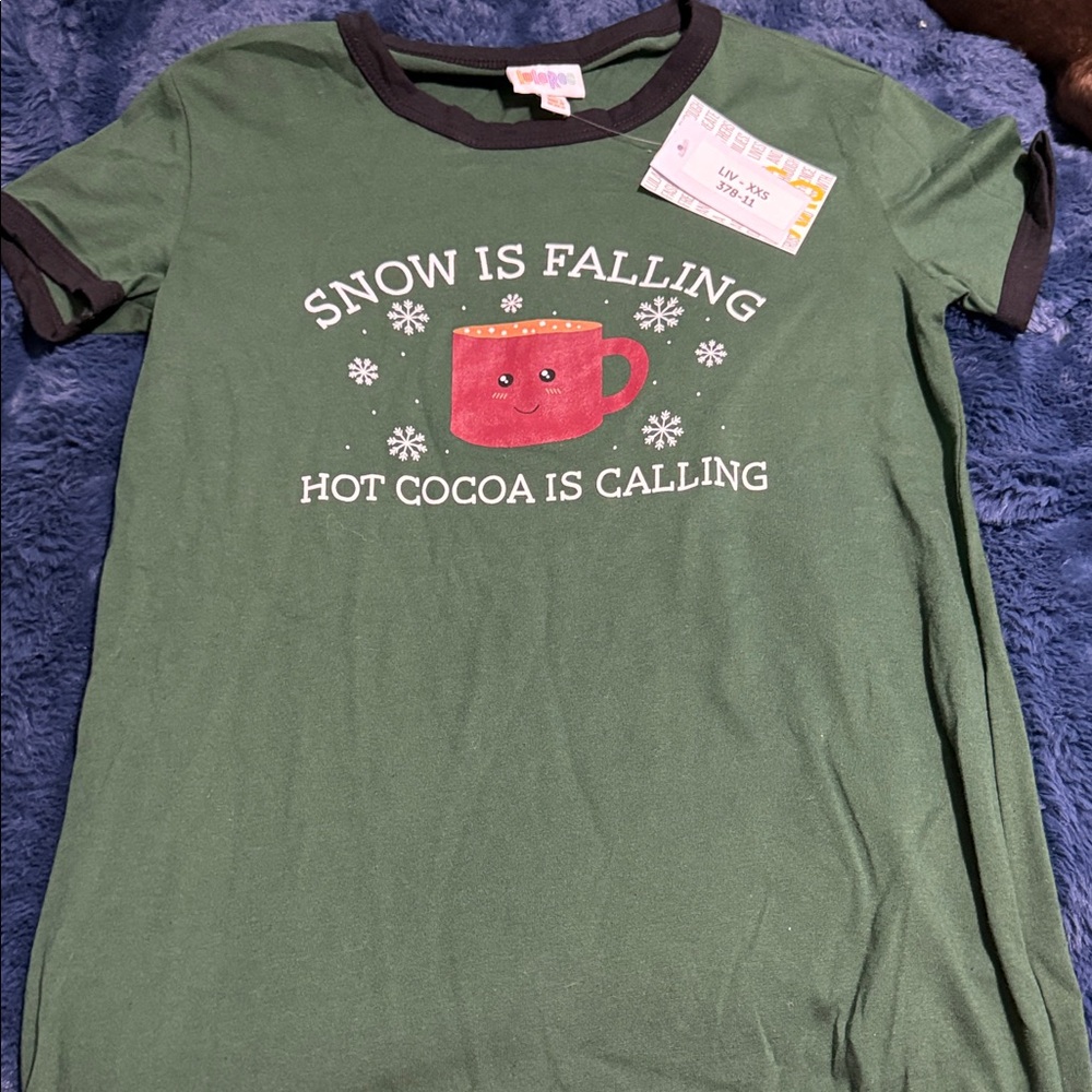 LuLaRoe Green Tee with Hot Cocoa Design